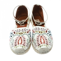 Pre Owned Valentino Cream Embroidered Leather A Jour Ankle Strap Espadrilles Size 37