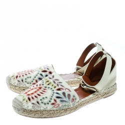 Pre Owned Valentino Cream Embroidered Leather A Jour Ankle Strap Espadrilles Size 37