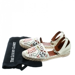 Pre Owned Valentino Cream Embroidered Leather A Jour Ankle Strap Espadrilles Size 37