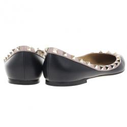 مملوكة مسبقًا Valentino Black Leather Rockstud Flat Ballet Flats Size 38