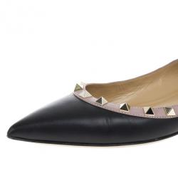 مملوكة مسبقًا Valentino Black Leather Rockstud Flat Ballet Flats Size 38