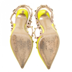 Pre Owned Valentino Neon Yellow and Beige Leather Rockstud Sandals Size 35