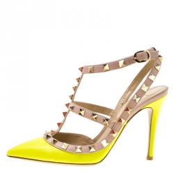 Pre Owned Valentino Neon Yellow and Beige Leather Rockstud Sandals Size 35