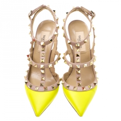 Pre Owned Valentino Neon Yellow and Beige Leather Rockstud Sandals Size 35