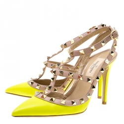 Pre Owned Valentino Neon Yellow and Beige Leather Rockstud Sandals Size 35