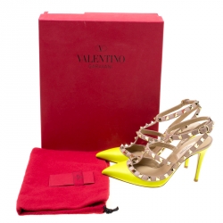 Pre Owned Valentino Neon Yellow and Beige Leather Rockstud Sandals Size 35