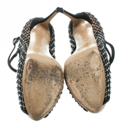 Pre Owned Valentino Black Crystal Embellished Fabric and Mesh Peep Toe Platform Pumps Size 37.5