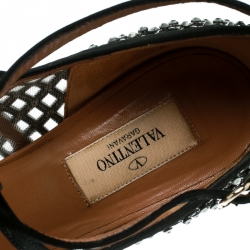 Pre Owned Valentino Black Crystal Embellished Fabric and Mesh Peep Toe Platform Pumps Size 37.5