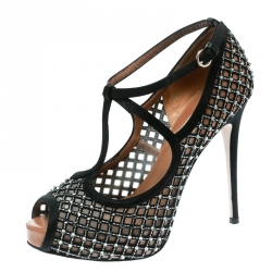Pre Owned Valentino Black Crystal Embellished Fabric and Mesh Peep Toe Platform Pumps Size 37.5