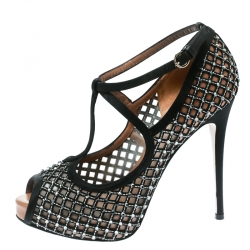 Pre Owned Valentino Black Crystal Embellished Fabric and Mesh Peep Toe Platform Pumps Size 37.5
