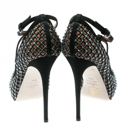 Pre Owned Valentino Black Crystal Embellished Fabric and Mesh Peep Toe Platform Pumps Size 37.5