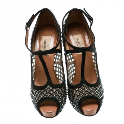 Pre Owned Valentino Black Crystal Embellished Fabric and Mesh Peep Toe Platform Pumps Size 37.5