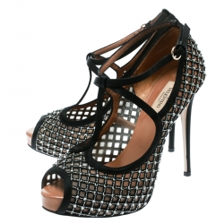 Pre Owned Valentino Black Crystal Embellished Fabric and Mesh Peep Toe Platform Pumps Size 37.5