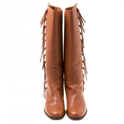 Pre Owned Valentino Brown Leather Fringe Detail Knee Length Boots Size 36.5