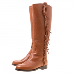 Pre Owned Valentino Brown Leather Fringe Detail Knee Length Boots Size 36.5