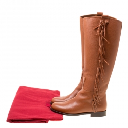 Pre Owned Valentino Brown Leather Fringe Detail Knee Length Boots Size 36.5