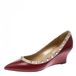 Pre Owned Valentino Red/Beige Leather Rockstud Pointed Toe Wedge Pumps Size 38.5