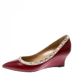 Pre Owned Valentino Red/Beige Leather Rockstud Pointed Toe Wedge Pumps Size 38.5