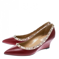 Pre Owned Valentino Red/Beige Leather Rockstud Pointed Toe Wedge Pumps Size 38.5