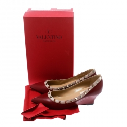 Pre Owned Valentino Red/Beige Leather Rockstud Pointed Toe Wedge Pumps Size 38.5