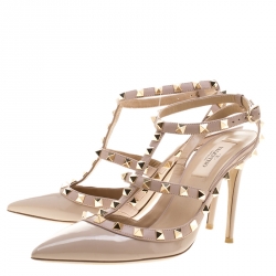 Pre Owned Valentino Beige Patent Leather Rockstud Sandals Size 36.5