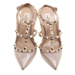 Pre Owned Valentino Beige Patent Leather Rockstud Sandals Size 36.5