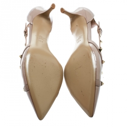 Pre Owned Valentino Beige Patent Leather Cross Strap Pointed Toe Cut Out Pumps Size 39.5