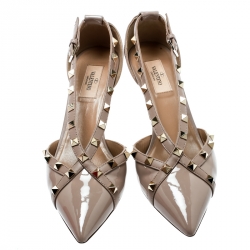 Pre Owned Valentino Beige Patent Leather Cross Strap Pointed Toe Cut Out Pumps Size 39.5