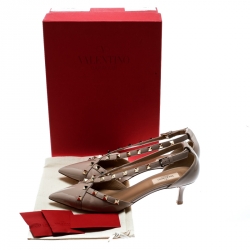 Pre Owned Valentino Beige Patent Leather Cross Strap Pointed Toe Cut Out Pumps Size 39.5