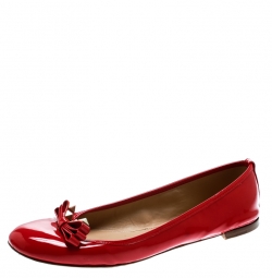 Pre Owned Valentino Red Patent Leather Rockstud Bow Ballet Flats Size 38