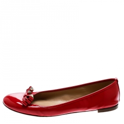 Pre Owned Valentino Red Patent Leather Rockstud Bow Ballet Flats Size 38