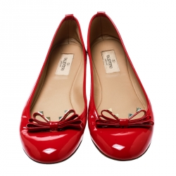 Pre Owned Valentino Red Patent Leather Rockstud Bow Ballet Flats Size 38