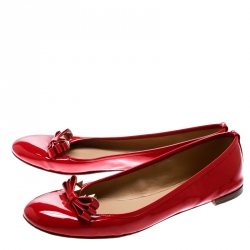 Pre Owned Valentino Red Patent Leather Rockstud Bow Ballet Flats Size 38