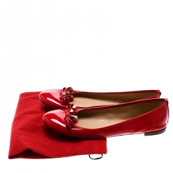 Pre Owned Valentino Red Patent Leather Rockstud Bow Ballet Flats Size 38