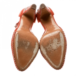 Pre Owned Valentino Orange Leather And Embellished Suede Teodora Ankle Strap Platform Pumps Size 38