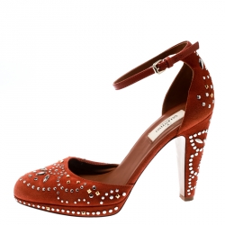 Pre Owned Valentino Orange Leather And Embellished Suede Teodora Ankle Strap Platform Pumps Size 38