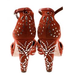 Pre Owned Valentino Orange Leather And Embellished Suede Teodora Ankle Strap Platform Pumps Size 38