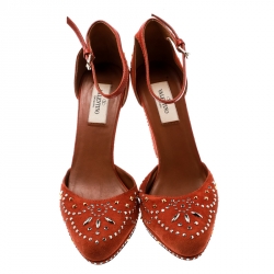 Pre Owned Valentino Orange Leather And Embellished Suede Teodora Ankle Strap Platform Pumps Size 38
