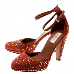 Pre Owned Valentino Orange Leather And Embellished Suede Teodora Ankle Strap Platform Pumps Size 38