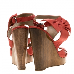 Pre Owned Valentino Coral Red Leather Bow Detail Ankle Strap Wedge Platform Sandals Size 39