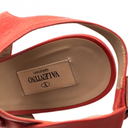 Pre Owned Valentino Coral Red Leather Bow Detail Ankle Strap Wedge Platform Sandals Size 39