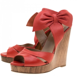 Pre Owned Valentino Coral Red Leather Bow Detail Ankle Strap Wedge Platform Sandals Size 39
