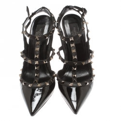 Pre Owned Valentino Black Patent Leather Rockstud Pointed Toe Sandals Size 39