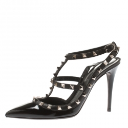 Pre Owned Valentino Black Patent Leather Rockstud Pointed Toe Sandals Size 39