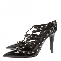 Pre Owned Valentino Black Patent Leather Rockstud Pointed Toe Sandals Size 39