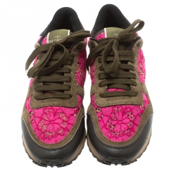 Pre Owned Valentino Multicolor Suede Leather And Macramé Lace Rockrunner Sneakers Size 39