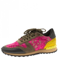 Pre Owned Valentino Multicolor Suede Leather And Macramé Lace Rockrunner Sneakers Size 39