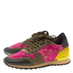 Pre Owned Valentino Multicolor Suede Leather And Macramé Lace Rockrunner Sneakers Size 39