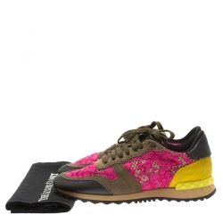 Pre Owned Valentino Multicolor Suede Leather And Macramé Lace Rockrunner Sneakers Size 39