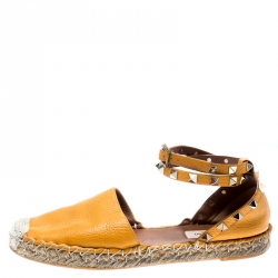 Pre Owned Valentino Yellow Leather Rockstud Ankle Wrap Espadrilles Size 37